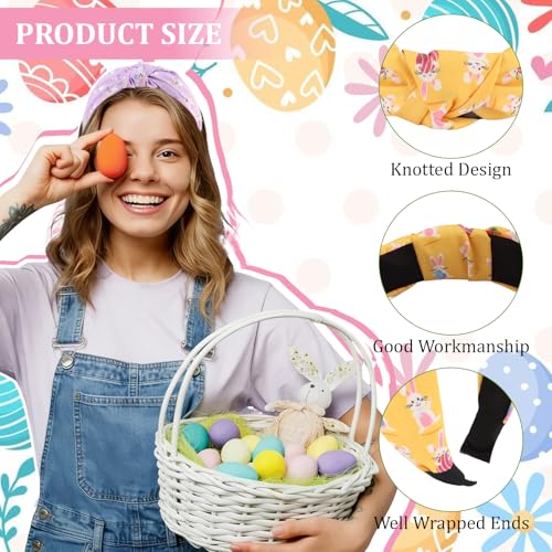 KICOSY 4PCS Easter Knotted Headbands - Bunny & Egg Print Hair Hoops for Daily Styling, Easter Party, Photo Shoot & Gift Giving