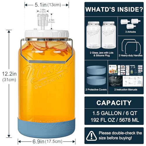 1.5 Gallon Glass Fermentation Jars with Lids & Airlocks, 2 Pack - size: 1.5 Gallon