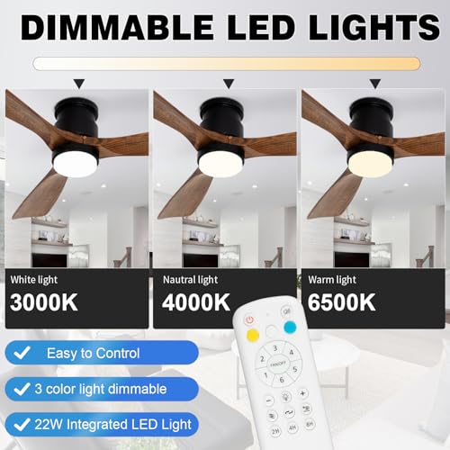 52 Inch Amber Wood Ceiling Fan with Lights - color: Flush Mount - Amber wood