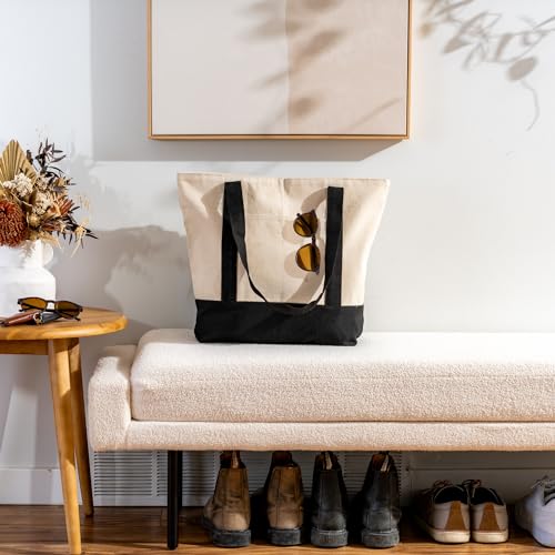 Carrywell (Not Made In China) Canvas Tote Bag With Front Pocket, 15"x 21", Reusable Grocery Shopping Bags, Top Zipper Closure - color: Natural W/Black Trim