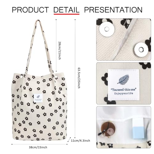 Ayieyill Corduroy Tote Bag for Women Canvas Shoulder Cord Purse with Inner Pocket - color: Black Flower