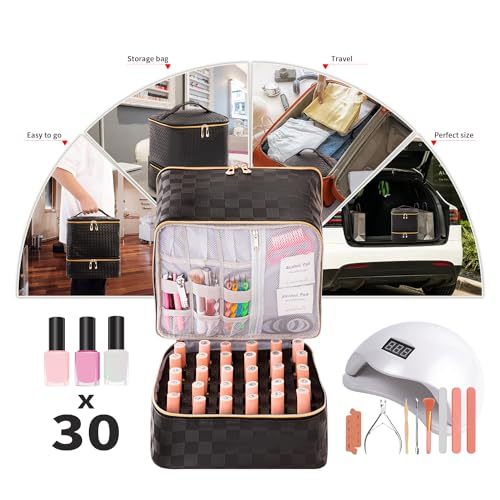 Portable Nail Polish Organizer Bag with UV Light Case - Holds 30 Bottles and 1 UV Nail Lamp, Double-Layers Nail Dryer Case for Gel Nail Polish Kit, Nail Art Decorations（Checkered Black） - color: Black-Lattice