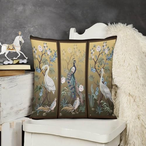 Peacock Peony Crane Pillow Covers,Vintage Asian Chinese Style Japanese Throw Pillow Covers for Home Couch Sofa Bed Decor 18x18in - color: Orange-white, size: 18" x 18" (Pack of 2)