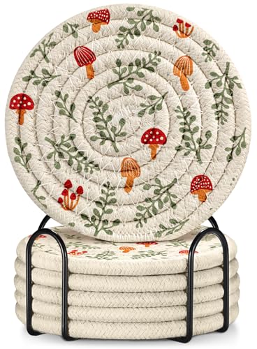 Absorbent Cup Coasters Set of 6 with Holder, Mushroom Leaf - color: Mushroom Leaf