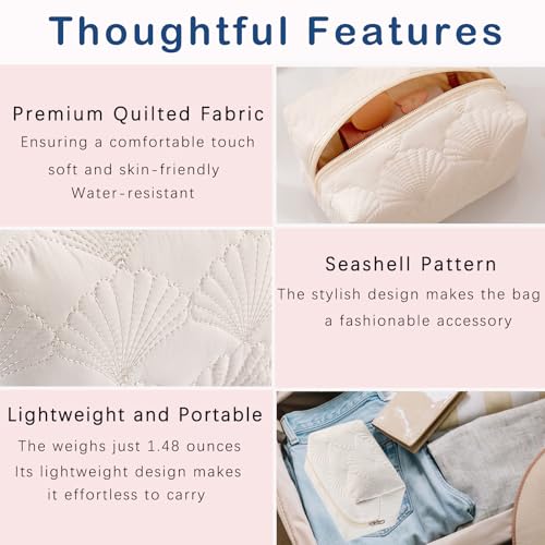 RSRSLEII 3Pcs Quilted Cotton Seashell Makeup Bag, Travel Toiletry Bag,White - color: 08 3Pcs White