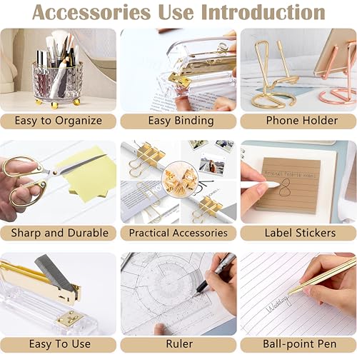 Gold Desk Accessories, Office Desk Organizers and Accessories 360°Pen Holder Acrylic Stapler Set, Phone Holder, Ballpoint Pen, Scissor, Binder Clips, Ruler, Transparent Glue, Sticky Note and Staples. - color: Gold