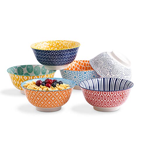 Selamica Porcelain 20oz Cereal Bowl Set - Set of 6, 6 inch Soup Bowls, Ceramic bowls for Cereal, Soup, Salad and Pasta, Colorful bowls - color: Assorted Colors, size: 6 inches