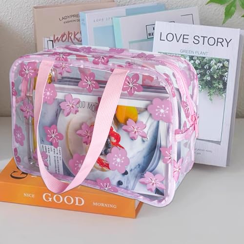 Clear Printed Floral Cosmetic Bag and Travel Pouch with Handle-Durable PVC Material,Versatile,Zipper Design for Smooth Sliding-Ideal for Makeup,Travel Essentials (Pink Floral#1-L) - color: A230023-5265-06-L