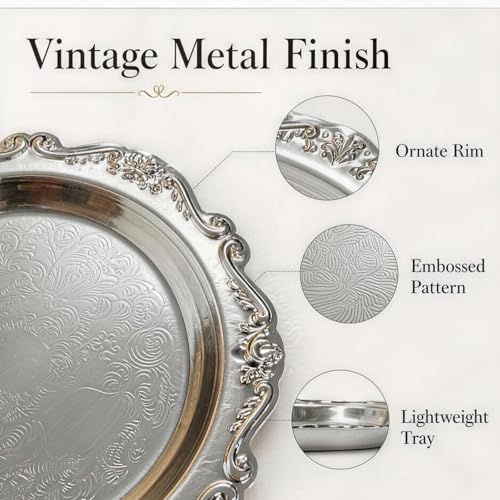 Round Silver Tray, Serving Platters, Vintage Metal Dessert Snack Platter, Decorative for Coffee Table, Fruits Party Displays,10 Inch, 2Pack - color: Silver, size: 10 inch