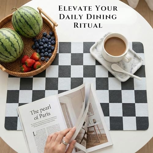Set of 6 Checkerboard Non-Slip Washable Placemats for Dining Table - color: Black
