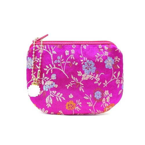 Handmade Women Coin Purse Brocade Zipper Wallet Rosary Pouch Silk Jewelry Bag - Magenta - color: Magenta