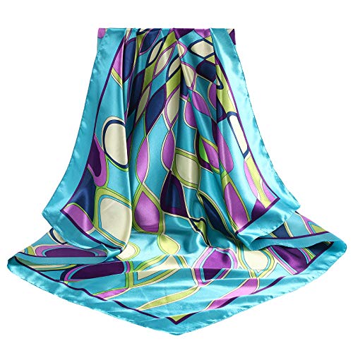 AWAYTR 2-Pack 35" Silk-Like Satin Head Scarves for Women, Square Bandanas - color: Elliptical Grid(rose+blue)