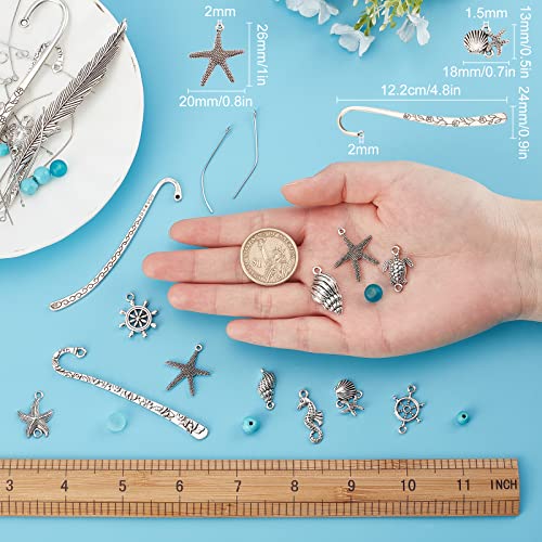 SUNNYCLUE DIY 6 Set Ocean Metal Hook Bookmarks Making Kit 6pcs Leaf Tibetan Style Alloy Bookmark with Starfish Shell Alloy Pendants & Turquoise Beads for DIY Book Marks Making,4.6inch Long - color: Diy 6 Sets Sea Hook Bookmarks Antique Silver