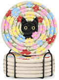 Absorbent Cup Coasters Set of 6 with Holder, Cat Flower - color: Cat Flower