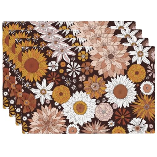 Retro Groovy Flower Power Placemats Set of 4 12x18 Inch - color: Dark Chocolate Brown, size: Set of 4