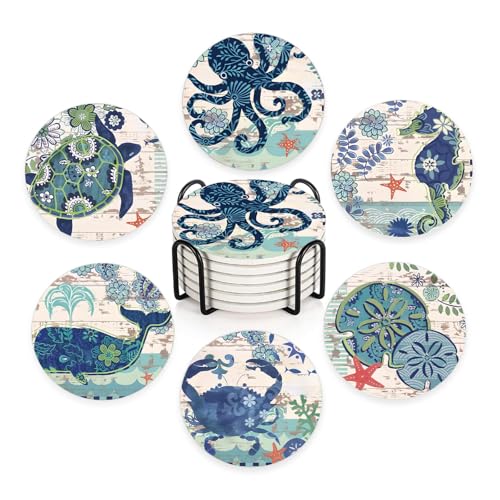 Nikyi 6 Pcs Coastal Marine Life Ceramic Drink Coasters, Absorbent Round Coaster with Cork Base & Metal Holder, Coastal Ocean Theme Coasters for Coffee Table Office Home Decor & Housewarming Gifts - color: Coastal Marine Life