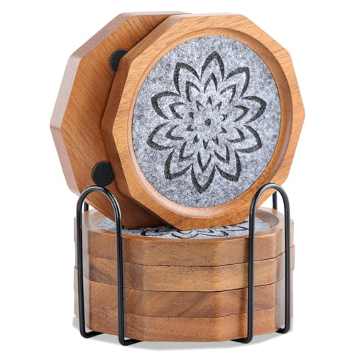 Wood Coasters for Drinks Absorbent with Lip, 4.3 Inch Acacia Wood Grey Felt Coaster with Holder for Wooden Coffee Table for Cups, Mugs, and Glasses - Set of 6 - color: Grey Felt