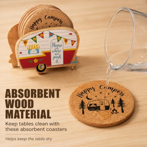 Unique Happy Camper RV Coasters Set of 4 with Holder - color: New Red