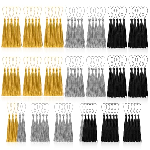 100 Pcs Bookmark Tassels Bulk Gold Silver Black Soft Craft Silky Handmade Mini Tassels for Jewelry Making with Loops for DIY Craft Accessory Dress Decoration - color: Gold Silver Black