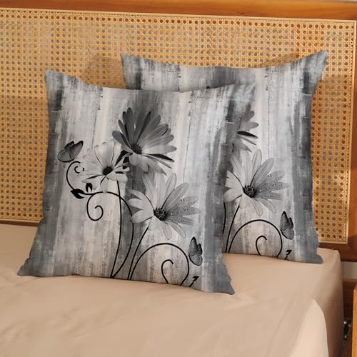 Spring Pillow Covers 18x18 Pack of 2 Black Daisy Floral Throw Pillow Covers Outdoor Decoration Vintage Summer Flower Decor Pillowcase Farmhouse Decorative Linen Cushion Case for Home Sofa Couch - color: Black Daisy, size: 18" x 18" (Pack of 2)