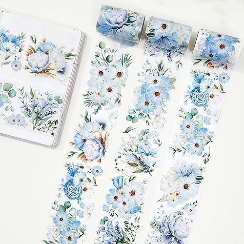 WT Serene Wide PET Tape, Single Roll, Original Designs, Watercolor Blue Flower Decorative Tape, Transparent Clear Adhesive Tape, Journal Scrapbook Bujo Planner DIY Craft Supplies - color: WT Serene Wide PET Tape