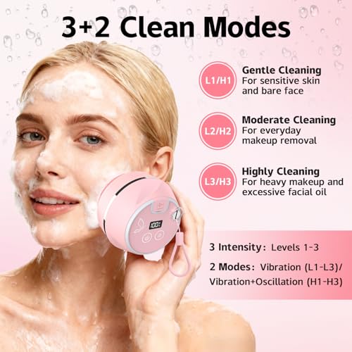 Face Cleansing Brush, Waterproof Silicone Facial Cleansing Brush, 6 Modes, 3 Light Effect, Rechargeable Electric Exfoliator Deep-Clean Scrubber for Women and Men - color: Pink