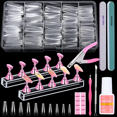 600PCS Clear Coffin Nail Tips Set Qinzave Clear Acrylic Nail Tips with Nail Glue Coffin Nails Full Cover with Nail Display Stand, Cuticle Nail Pusher Remover, Nail Files Buffer - color: Full Cover Nail Tips Set