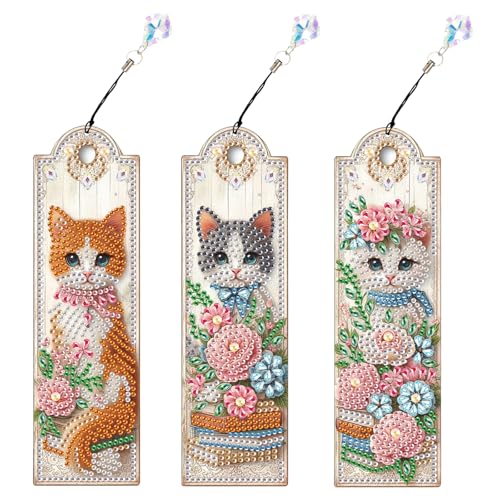 Tontut 3pcs Diamond Art Painting Kit Bookmarks, Pink Flower Cat Exquisite Universal DIY Bookmarks, Lightweight and Durable for Reading Lovers - color: Pink