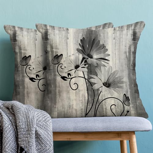 Spring Pillow Covers 18x18 Pack of 2 Black Daisy Floral Throw Pillow Covers Outdoor Decoration Vintage Summer Flower Decor Pillowcase Farmhouse Decorative Linen Cushion Case for Home Sofa Couch - color: Black Daisy, size: 18" x 18" (Pack of 2)
