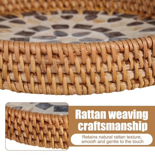 Round Rattan Tray, Serving Platters with Mother of Pearl Inlay Aesthetic Wicker Jewelry Dishes for Snacks Fruits Jewellery Home Decor 22cm