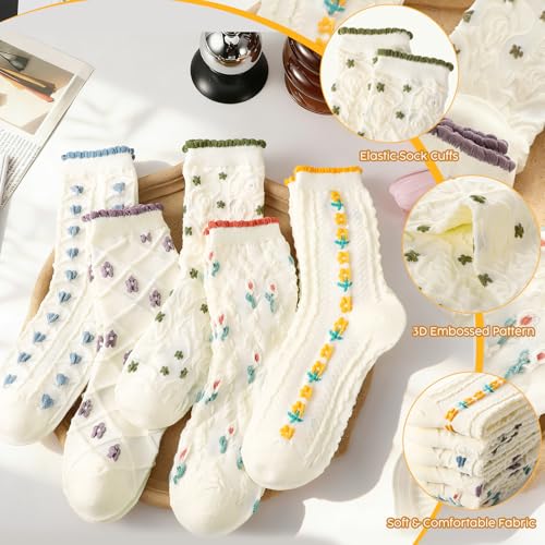 5/6 Pair Crew Socks for Women Floral Socks - color: Blue, Purple, Green, Orange, and Yellow Floral
