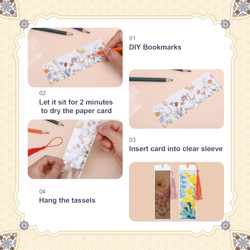 60 Sets Blank Kraft Paper Bookmarks Kit with Tassels and PVC Sleeves - color: White+brown/60pcs