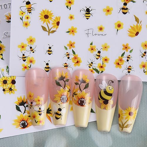 Summer Nail Stickers for Nail Art 12PCS Flower Nail Decals Self-Adhesive Butterfly Bee Ladybug Flamingo Floral Leaf Plant 3D Nails Supply DIY Sliders Manicure Decoration Accessories for Women - style: Summer Bee Flower