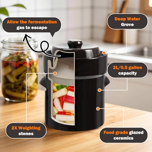 SEEUTEK Fermentation Crock Jar 1/2 Gallon for Sauerkraut Pickling Kimchi - size: 2L