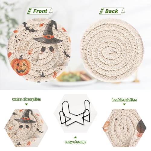 Cute Halloween Drink Coasters Set - 6 Pcs Minimalist Woven Coasters with Holder for Home Decor, 3.94 Inch Absorbent Coasters for Drinks - color: A03