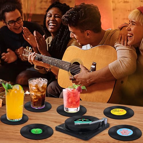 Funny Retro Record Coasters for Drinks with Vinyl Player Holder for Music Lovers,Set of 6 Conversation Piece Sayings Drink Coaster,Housewarming Hostess Wedding Registry Gift Ideas - style: A008