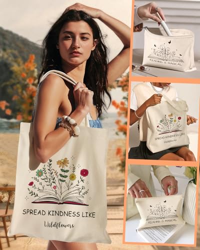 Miss Adola Canvas Tote Bag with Matching Makeup Pouch - color: Books Blossoms