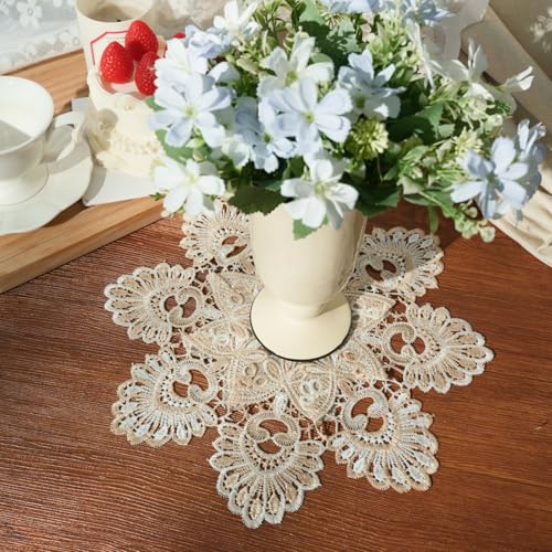 Phantomon 12 Inch Lace Placemats Embroidered Vintage Floral Beige Linen Lace Table Coasters, Decorative Drink Mats for Coffee, Tea & Dining Table, Set of 4