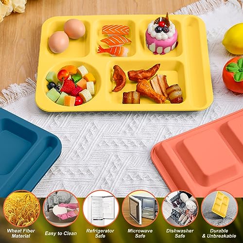 Pinkunn 12 Pcs 14'' Large Divided Plates Unbreakable Wheat Straw Lunch Trays 6 Compartments Cafeteria Trays Microwave Dishwasher Safe Food Separator Plates (Dark Blue, Dark Green, Yellow, Orange) - color: Dark Blue, Dark Green, Yellow, Orange