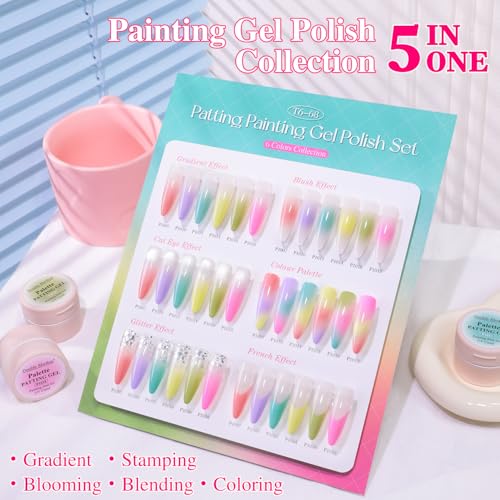 Double Rhythm Painting Gel Polish Set for Nail Art Palette Patting Gel Polish 6 Colors with 100 Pcs Sponges and Grabbing Pen (Peach Purple Pink Blue Green Yellow-T6-68) - color: Blue Green Yellow