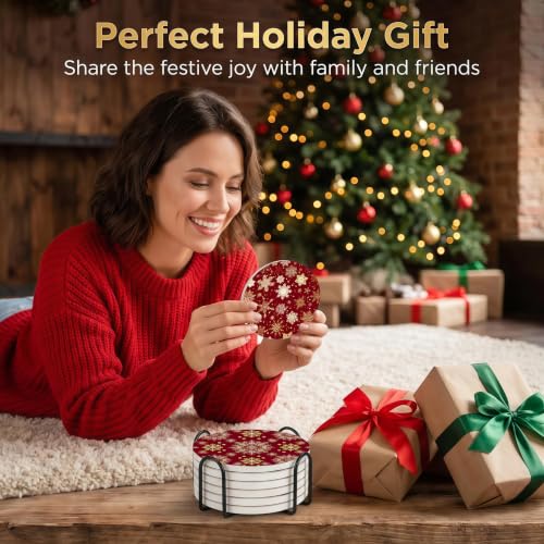 Nikyi 6 Pcs Christmas Red with Gold Snowflakes Heart Ceramic Absorbent Coasters, Round Drink Coaster with Metal Holder and Cork Base, for Coffee Cup Kitchen Home Table Office Desk Gift Home Decor - color: Christmas Red With Gold Snowflakes Heart