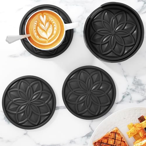 Drink Coasters Set of 6 Packs with Holder, HFHOME Round Black BPA Free Silicone with Non-Slip Bottom Fits Any Size Cup Mug or Glasses (Black) - color: Black