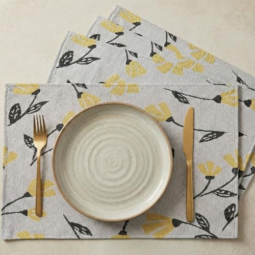 DaDa Bedding Yellow Fleur Floral Botanical Dining Table Placemats - Set of 4-Pieces Tapestry Spring Time Golden Orange Floral Garden Design - Decorative Cotton Linen Woven Kitchen Mats - 13” x 19” - color: Yellow Fleur