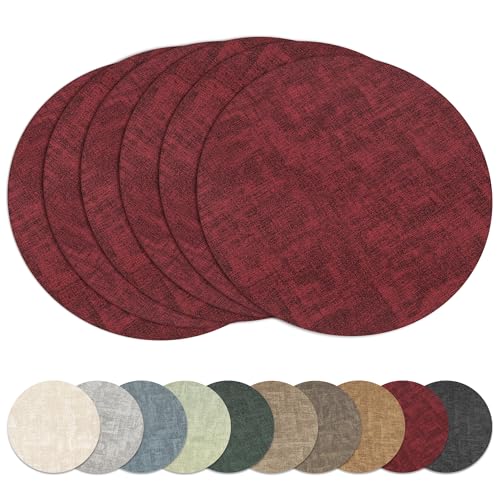 13" Round Placemats Set of 6, Reversible Faux Leather Wipeable Table Mats - color: Burgundy