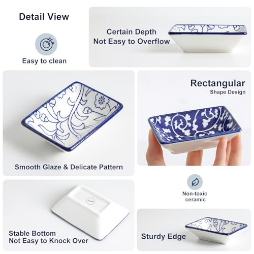 Selamica 3.75 Inch Ceramic Soy Sauce Dish, Set of 6, Vintage Blue - color: Vintage Blue, style: Rectangular
