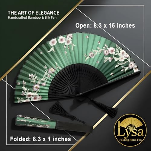 Lysa Hand Fan for Women Foldable - Portable Folding Japanese Chinese Fan - for Hot Flashes, Summer Cooling, Festivals, Church, Dancing (Green Redbud) - color: Green Redbud