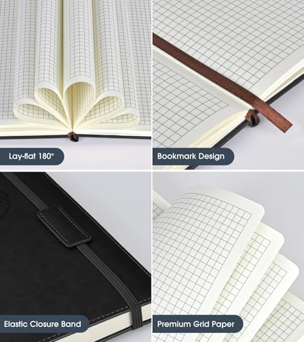 Biuwory A5 Hardcover Graph Paper Notebook, Grid Leather Journal for Writing - color: Black, size: Squared-140 Pages (5.7"×8.3")