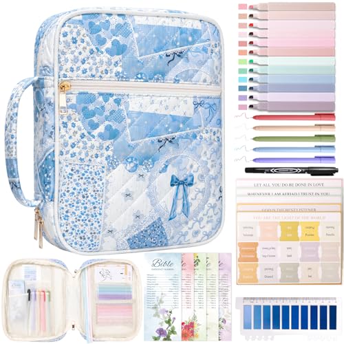 XKDOUS Bible Cover Case for Women Bible Bag Journaling Kit w/Study Supplies - color: Blue Bow Patchwork, size: Large