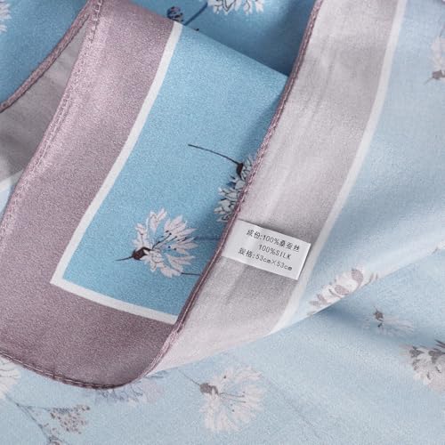 Women 100% Mulberry Silk Neck Scarf 21" Square Floral Neckerchief - color: Grey Blue Floral