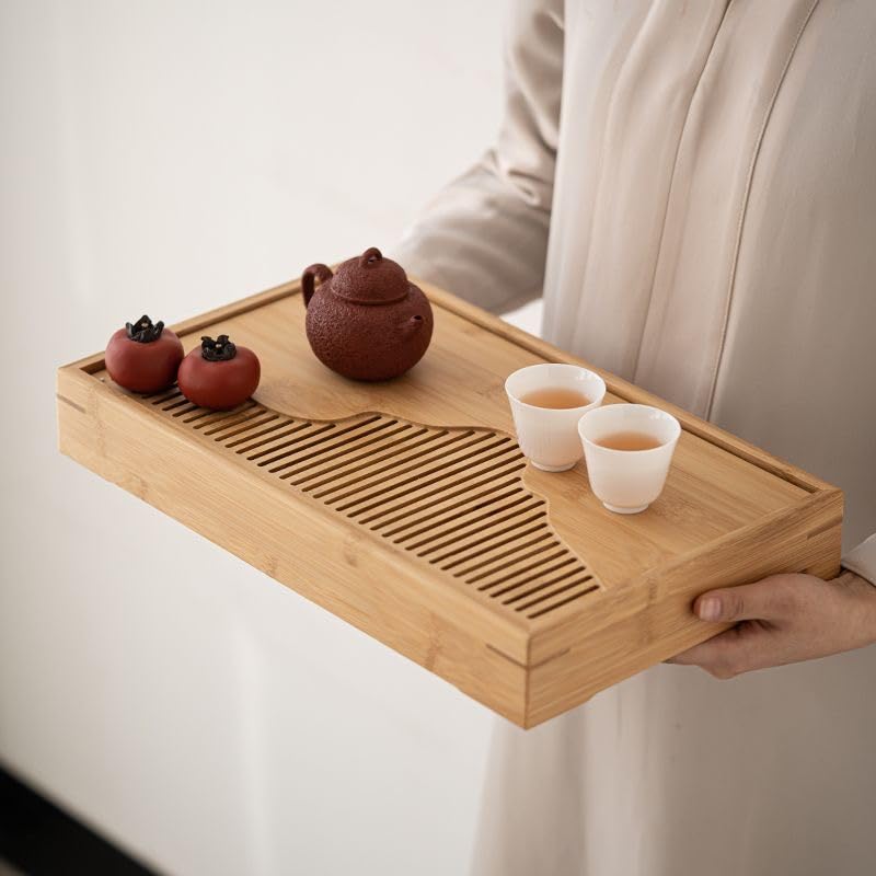 Bamboo Tea Tray & Table Set - Chinese Gongfu Tea Serving Tray with Tea Brush, Compact & Portable (11.8 Inch) - color: primary colours